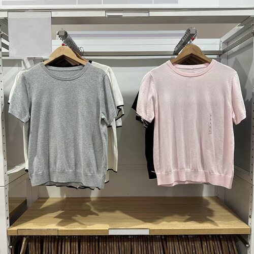 女装莫代尔混纺圆领拼色针织衫/短袖套头毛衣毛衫485223/483007
