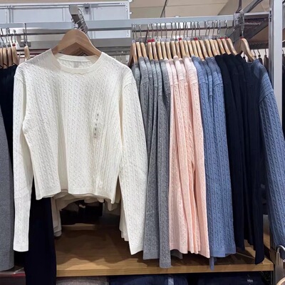 日单春款女装小香风针织毛衣纽花圆领长袖针织衫毛衣上衣482969