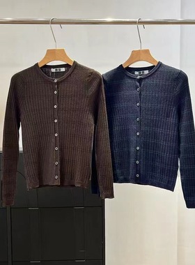 日单女装精纺美利奴罗纹圆领条纹针织短开衫上衣冬季上衣481408