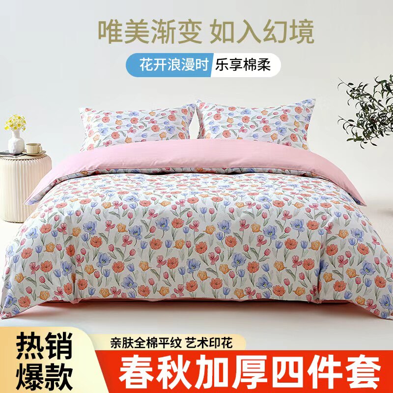 春夏新款全棉四件套加厚磨毛被套床单枕套四件套件床上用品S5