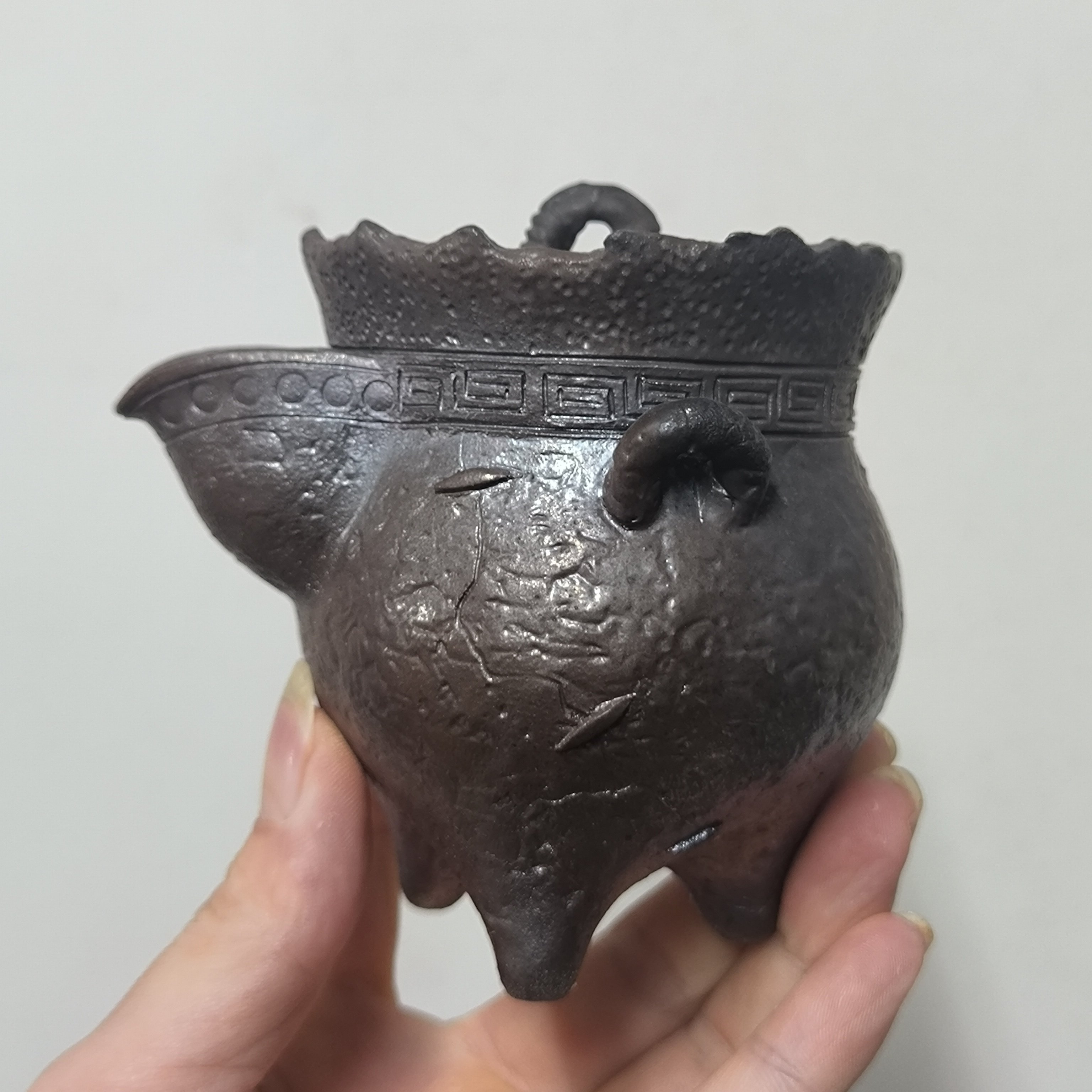 锦笔柴烧全手工捏制青铜器三足宝瓶蓝金铁胎残破风修缮泡茶器茶壶