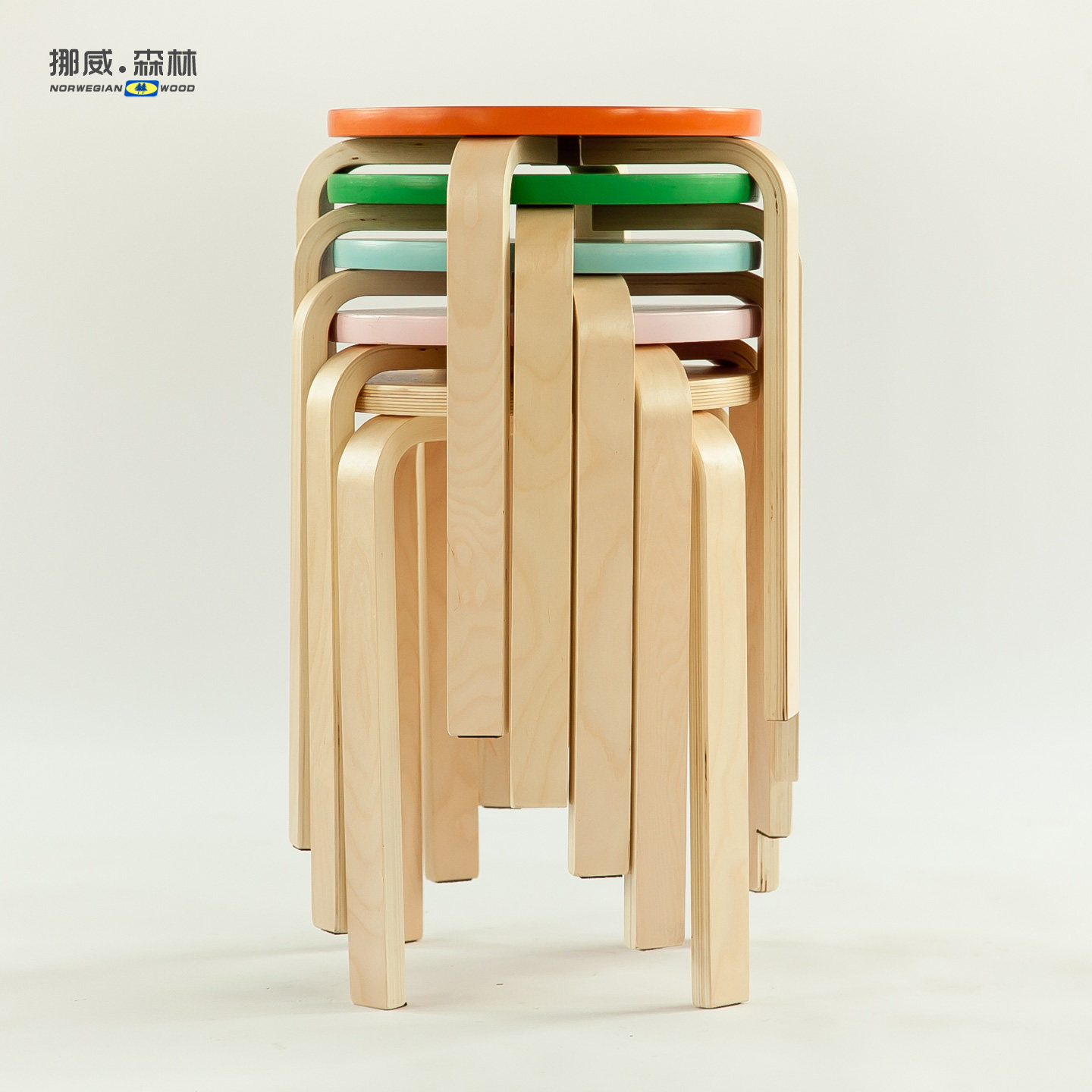 北欧实木圆凳彩色曲木板凳餐桌凳高木凳休闲凳家用可叠放折叠家具