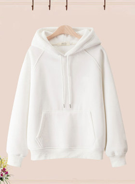 秋季薄款/纯色连帽加绒加厚冬季卫衣女学生新款宽松百搭白色外套