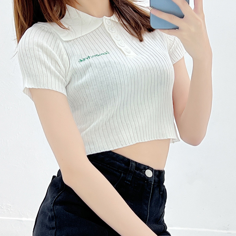 THE STAR2024 새로운 여름 스타일 연령 감소 소녀의 슬림 문자 자수 옷깃 배꼽 드러내는 여성용 폴로 셔츠 탑
