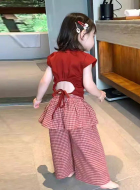 女童夏装洋气露背短袖格子裤套装