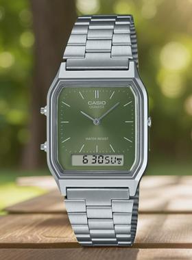 卡西欧CASIO AQ-230A-2A1 钢带手表双显经典复古款方块防水电子表