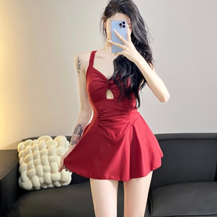 Candygirls连体泳衣女平角保守少女小胸聚拢高腰遮肚收腰温泉泳装