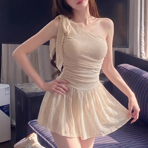 特价新款杏色比基尼小胸性感单肩连体泳衣女修身褶皱连衣裙式泳装