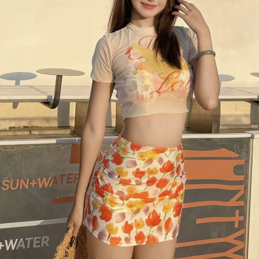 特价泳衣夏威夷四件套女带罩衫花朵辣妹千禧风海边度假套装女