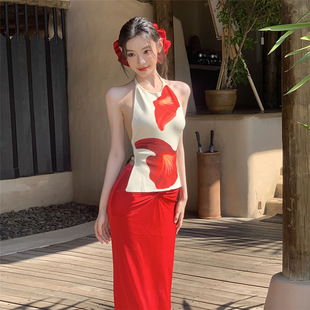 三件套 多巴胺海边露背挂脖泳衣女三特价 2025新款 度假风穿搭套装