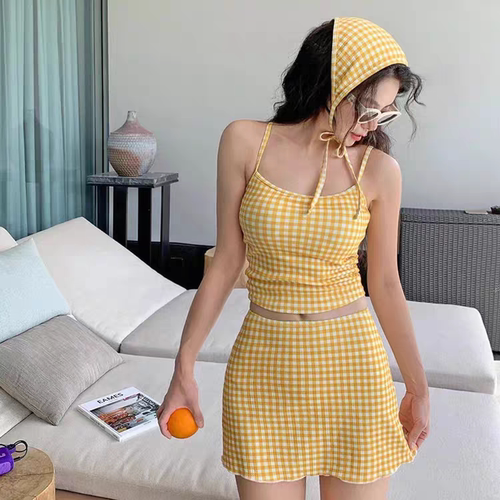 特价女游泳衣分体裙式小胸性感比基尼温泉泳装韩版显瘦黄格子