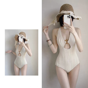 性感高级感显瘦露背温泉度假泳装 米白色连体泳衣女2025新款 爆款
