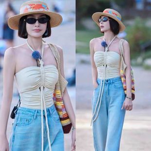 秦岚同款泳衣米白色连体显瘦遮肚抽绳设计感高级显瘦遮肚温泉度假