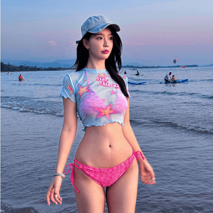 芭比粉bikini三件套性感辣妹沙滩泳池度假泳衣比基尼 美式 甜心