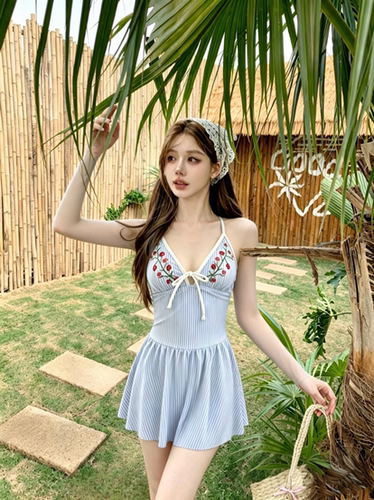 法式高级感草莓刺绣吊带连体泳衣女小胸聚拢遮肚显瘦花苞裙式泳装