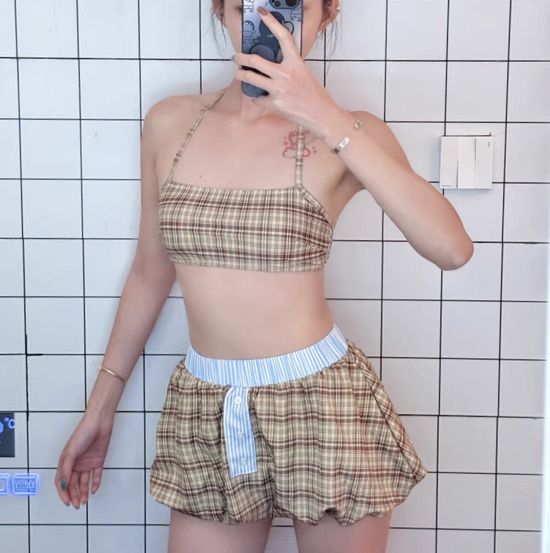 特价2025新款复古格子比基尼性感甜美纯欲风小胸网红温泉度假泳衣,运动/瑜伽/健身/球迷用品,分体泳衣,淘宝优惠券,粉丝福利购,淘宝优惠卷