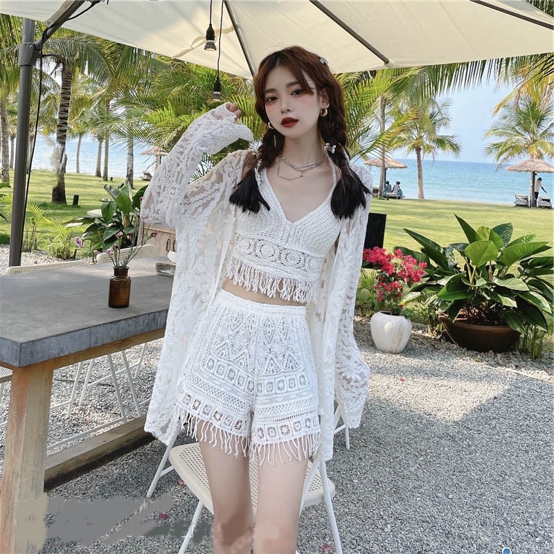 泳衣女网红风保守三件套仙白色甜小姐日韩少女泳装显瘦感日系