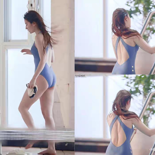 玫瑰的故事刘亦菲黄亦玫同款蓝色连体泳衣泳装吊带比基尼女连衣裙