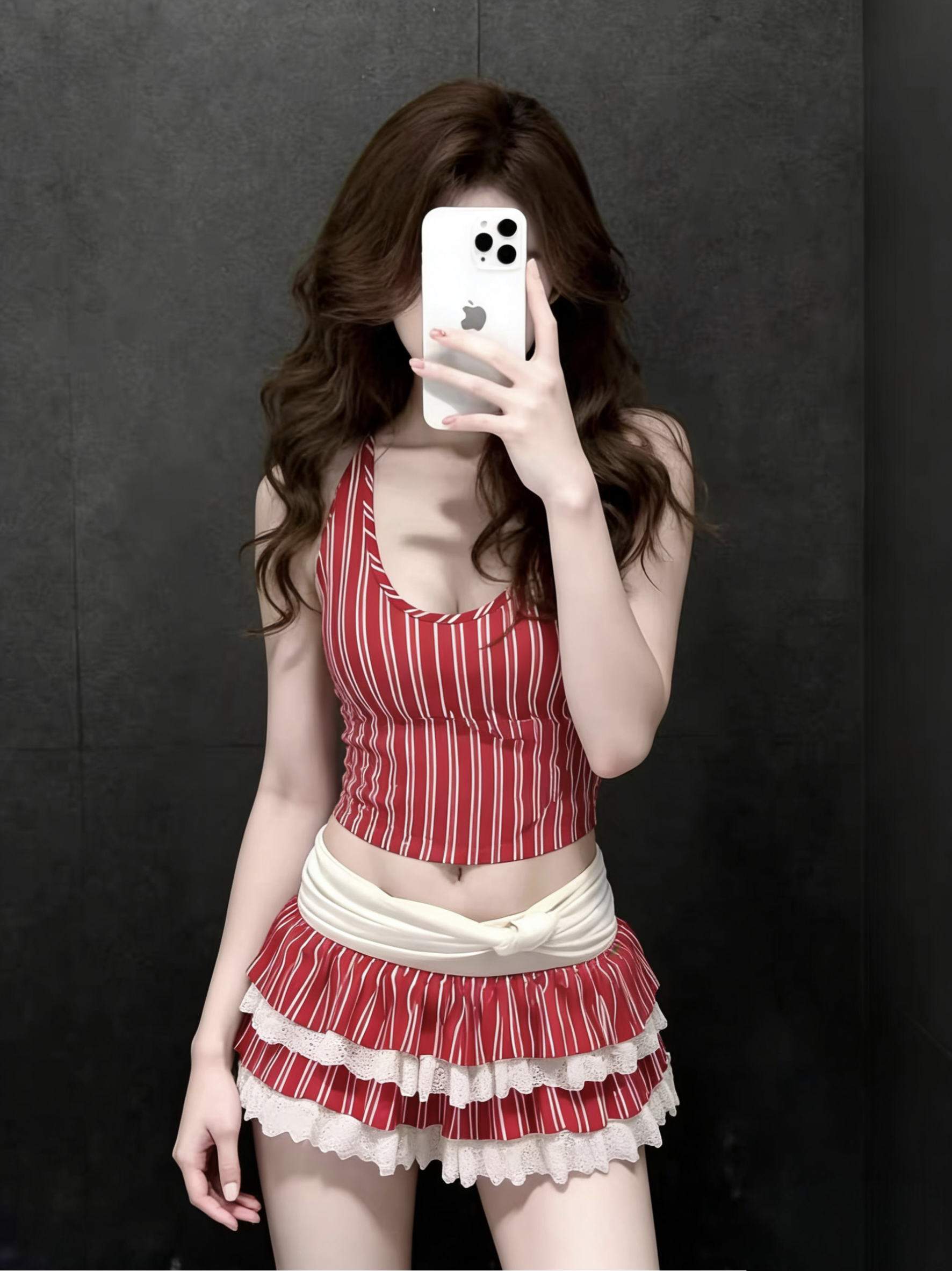 特价泳衣女红色条纹挂脖分体裙式比基尼三件套性感辣妹蛋糕裙度假