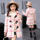 女童格子毛呢外套6羊角扣9中长款 12岁中大童带帽夹棉加厚呢子大衣