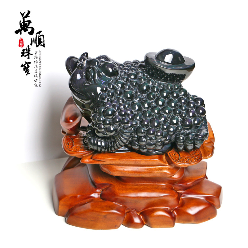 彩虹眼黑曜石金蟾水晶居家雕刻件