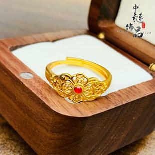 【不掉色】金店同款高保色古法沙金微镶珐琅彩繁花似锦开口戒指女