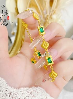 金店同款古法沙金绿宝石方形手链女 宫廷风轻奢小众精致手链批发