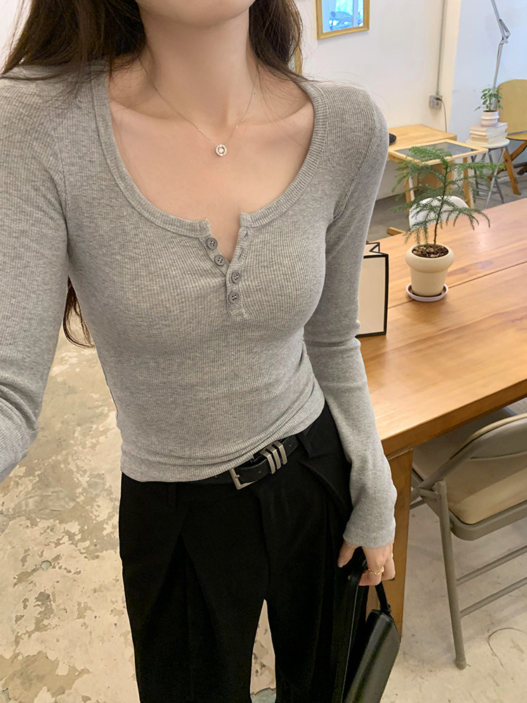 亨利衬衫修身长袖底短上衣女子春季2025新款纯棉u领白色右肩t恤