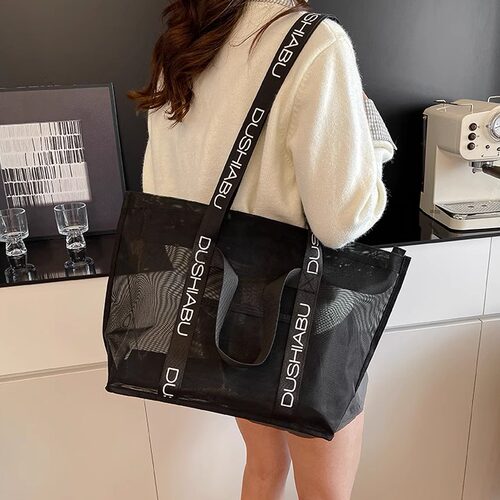 质感网纱包透明镂空女士托特手提单肩包大容量旅行洗澡游泳健身包