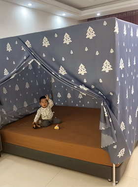 一体式布蚊帐防尘顶纹帐单开门床幔遮光保暖挡风孕妇家用1.5m1.8