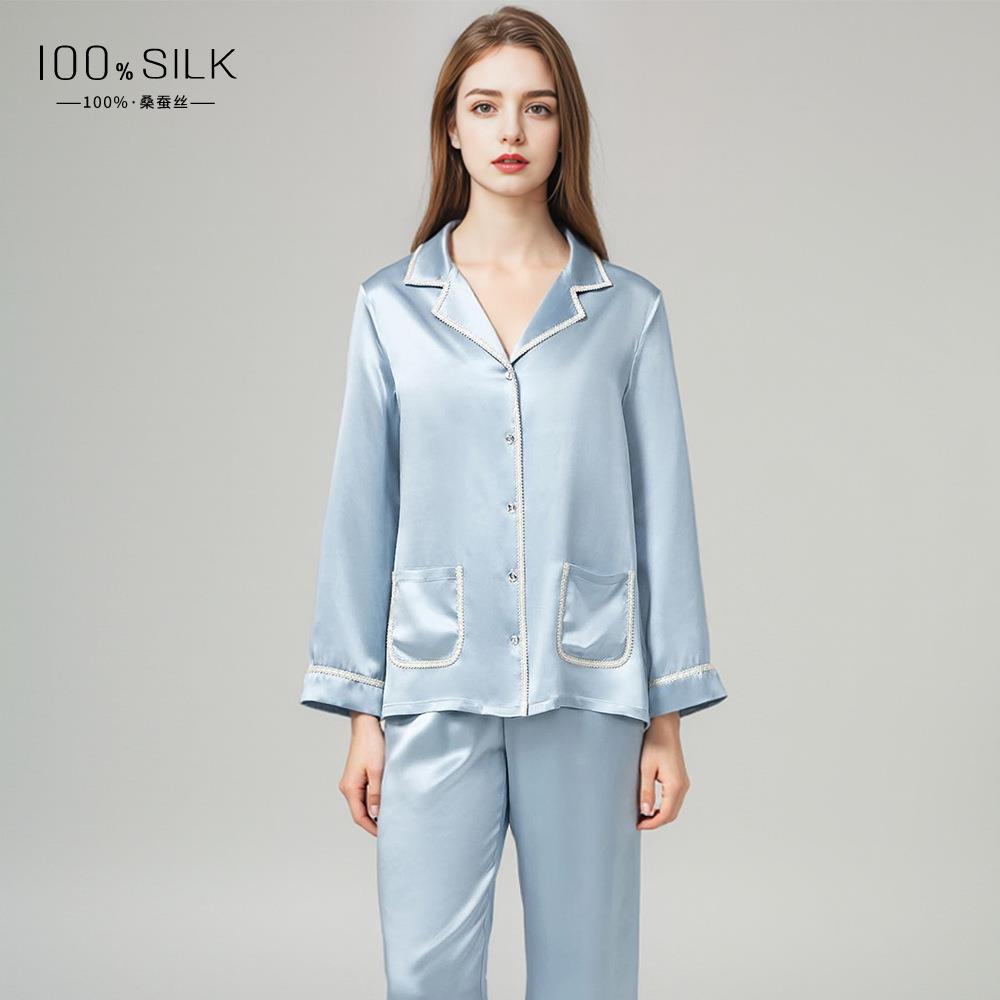 19姆米重磅真丝睡衣女夏季款长袖长裤两件套100%桑蚕丝家居服套装