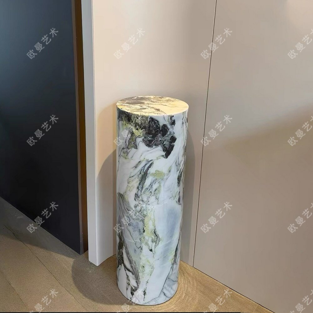 简约冷翡翠大理石纹展示台圆柱摆件展架桌面底座天然质感高端底座