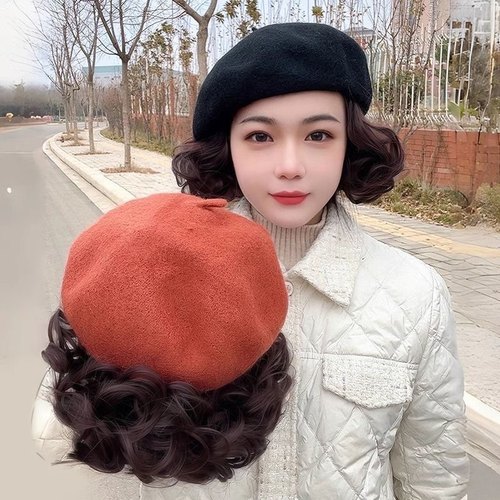 帽子假发新款一体女短卷发头套时尚洋气秋冬贝雷帽一体式梨花妈妈