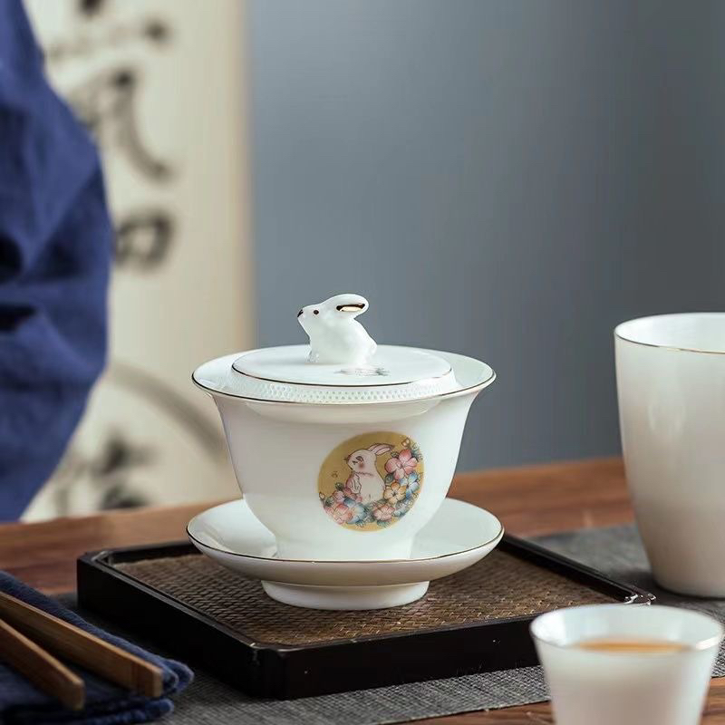 羊脂玉瓷千孔过滤一体三才盖碗兔子盖子家用敬茶泡茶碗德化白瓷碗