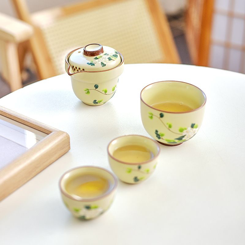 山茶花中式高档汝窑旅行茶具套装一壶三杯便携简约快客杯泡茶杯