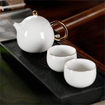 纯手工描金羊脂玉白瓷隐雕陶瓷功夫茶具冰种茶壶龙蛋壶高档礼盒装