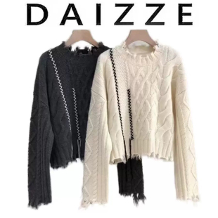 DAIZZE~软糯减龄粗麻花破烂毛绒边短款针织衫毛衣女秋冬长袖上衣