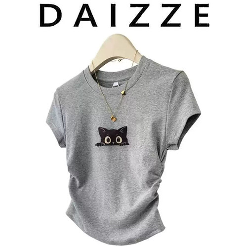 DAIZZE~灰色猫咪正肩短袖t恤女夏新款褶皱设计修身显瘦短款上衣
