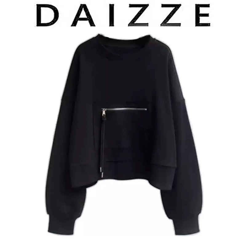 DAIZZE~设计感口袋圆领卫衣女秋冬新款韩版宽松慵懒短款外套上衣