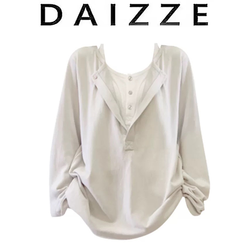 DAIZZE~秋季慵懒风半开斜领拼接假两件长袖宽松百搭显瘦T恤上衣女