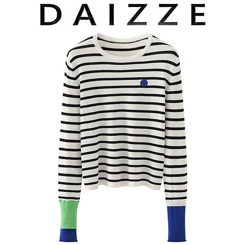 DAIZZE~条纹撞色长袖薄T恤女春秋新款小个子设计感休闲针织衫上衣