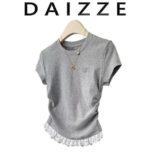 夏新款 爱心蕾丝边短袖 DAIZZE 韩版 体恤上衣 t恤正肩修身 显瘦短款