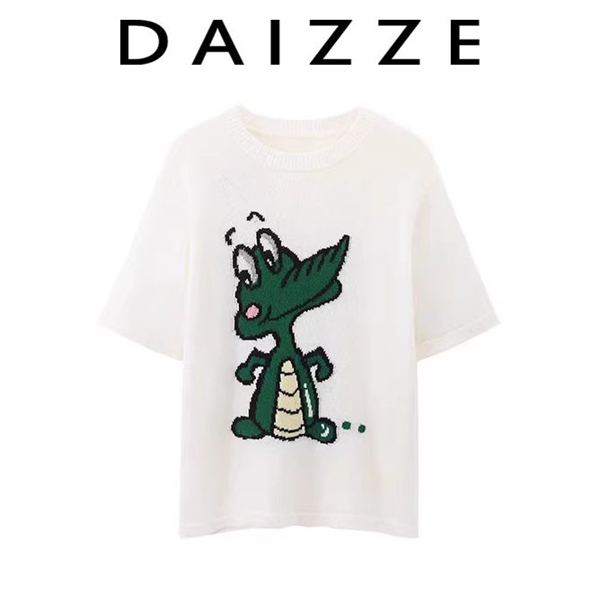 DAIZZE~2023夏季新款时尚卡通鳄鱼图案T恤女圆领短袖针织衫上衣