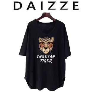 大版 DAIZZE T恤女春夏薄款 中长款 宽松豹头字母百搭上衣潮 面膜短袖