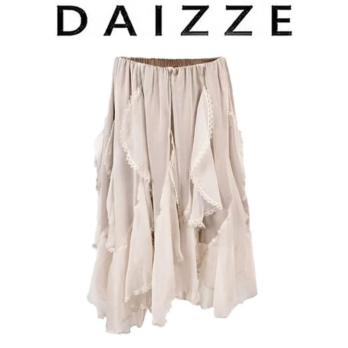 DAIZZE~2025春秋新款蕾丝边鱼尾纱纱裙花边不规则半身裙女中长裙