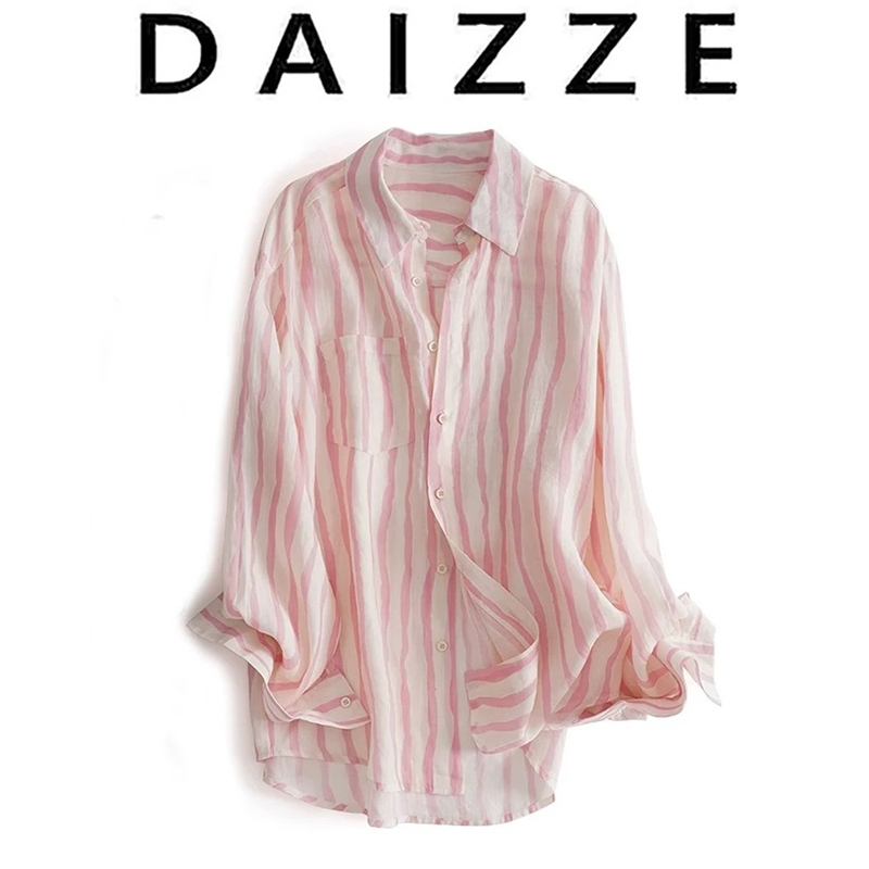 DAIZZE~粉条纹真丝衬衫女春季新款长袖慵懒风防晒衣衬衣气质上衣