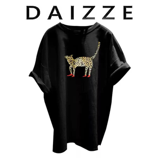 豹子印花短袖 新款 DAIZZE t恤女夏装 上衣潮 中长款 纯棉宽松休闲半袖