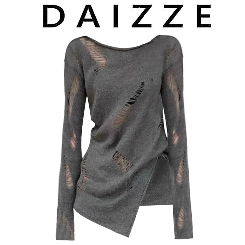 DAIZZE~2024春秋装新款时尚慵懒风镂空针织衫长袖打底T恤女上衣潮