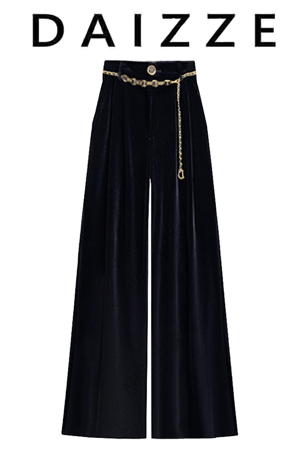 DAIZZE~设计感丝绒西装裤女春新款窄版阔腿裤黑色高腰垂感直筒裤
