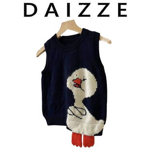 DAIZZE 设计感小众毛衣女上衣 秋季 宽松慵懒风卡通鸭子马甲针织衫